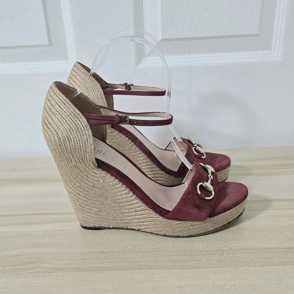 Gucci Horsebit Suede Wedge Espadrille Sandals In Dry Rose Size EU40/US10 - Picture 5 of 15